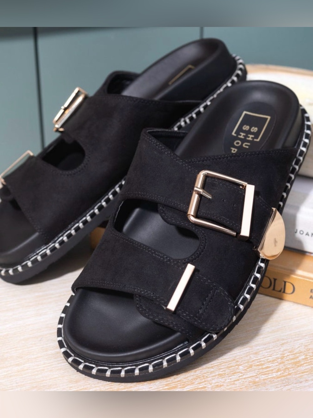 ShuShop Charlotte Black Suede Double-Buckle Sandals